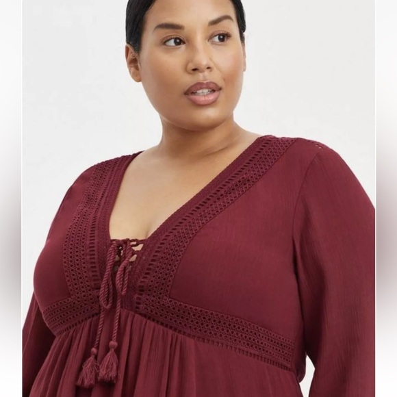 Torrid Lace Up Crinkle Gauze Flowy Long Sleeve Mini Skater Dress Burgundy - Picture 2 of 14